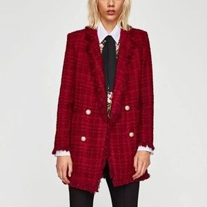 Zara Long Tweed Fringe Hem Blazer
